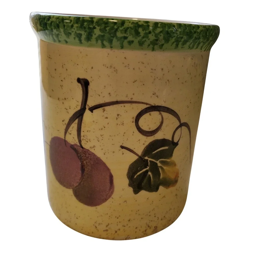 Ceramic Kitchen Utensil Holder Crocks Decorative Fruit Design Green Rim